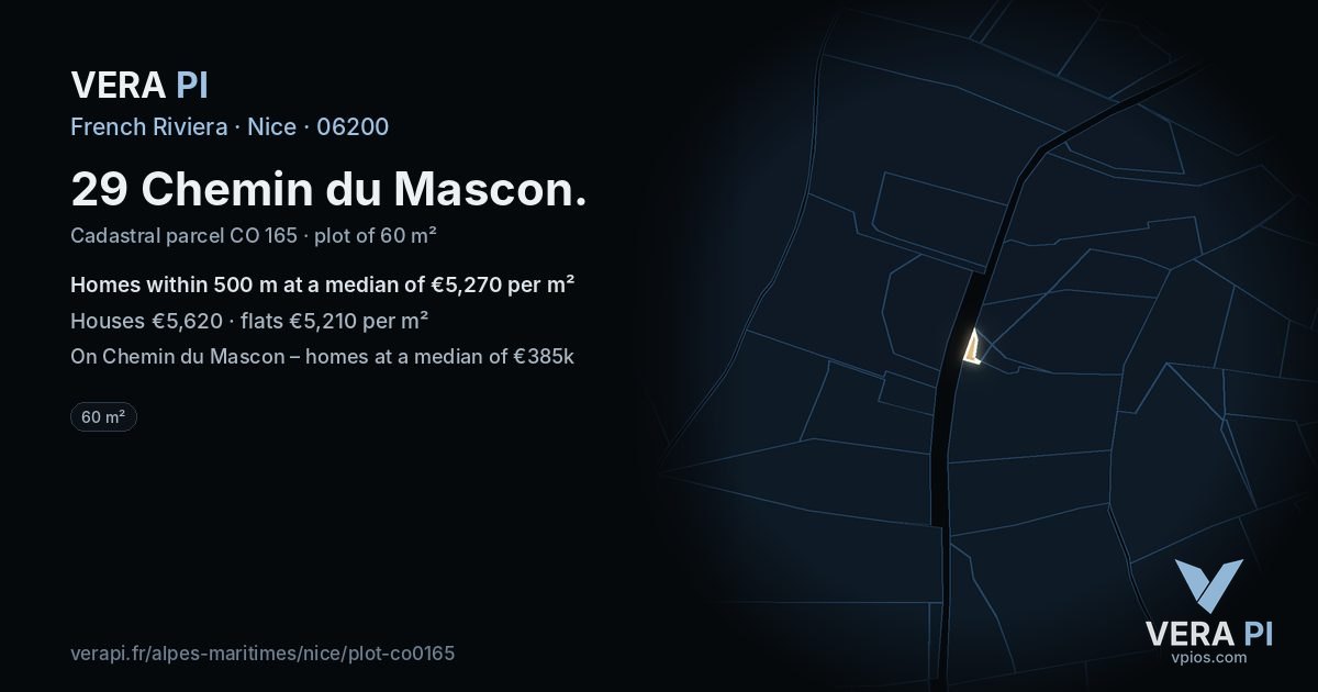 29 Chemin du Mascon, Nice at night – the plot lit, the parcels around coloured by the prices near them