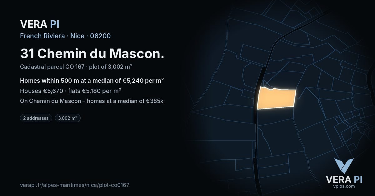 31 Chemin du Mascon, Nice at night – the plot lit, the parcels around coloured by the prices near them