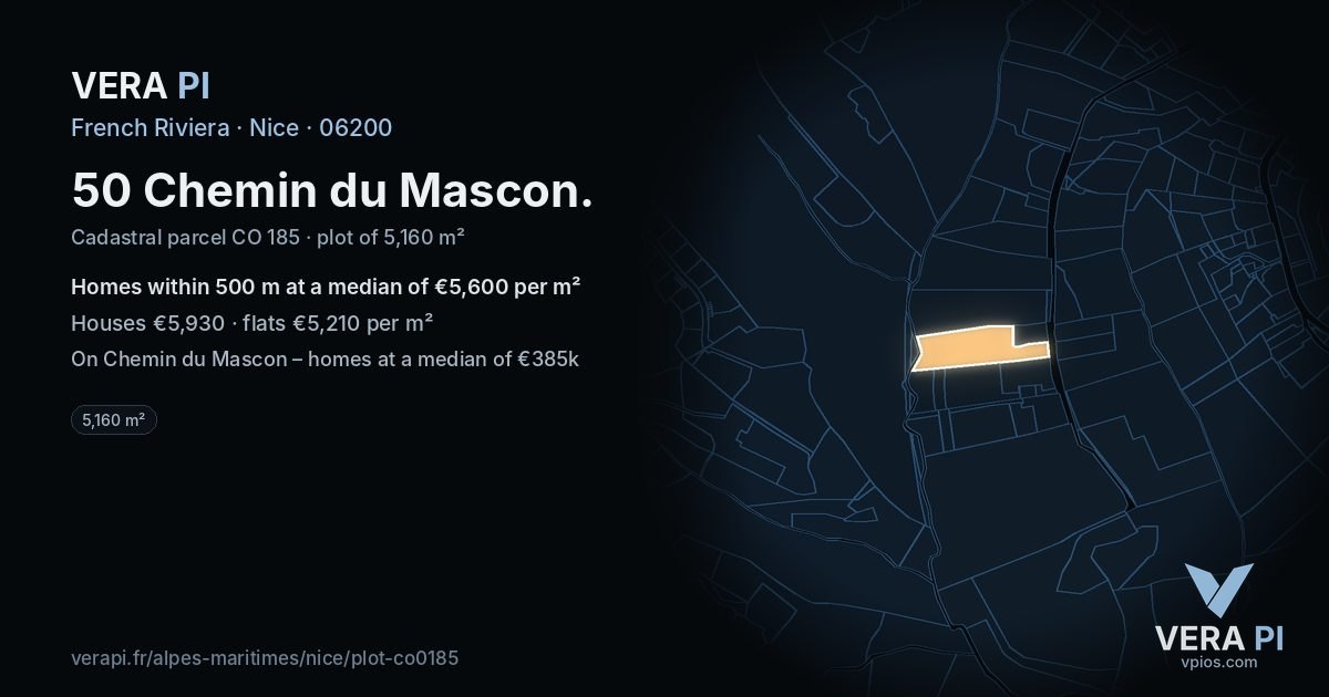 50 Chemin du Mascon, Nice at night – the plot lit, the parcels around coloured by the prices near them
