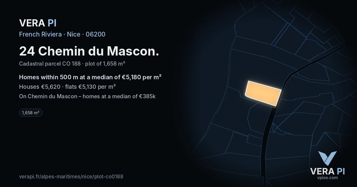 24 Chemin du Mascon, Nice at night – the plot lit, the parcels around coloured by the prices near them