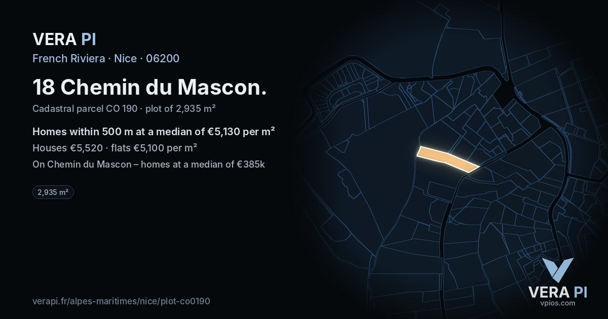 18 Chemin du Mascon, Nice at night – the plot lit, the parcels around coloured by the prices near them