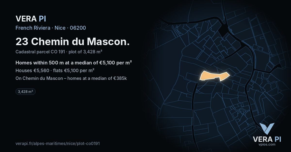 23 Chemin du Mascon, Nice at night – the plot lit, the parcels around coloured by the prices near them