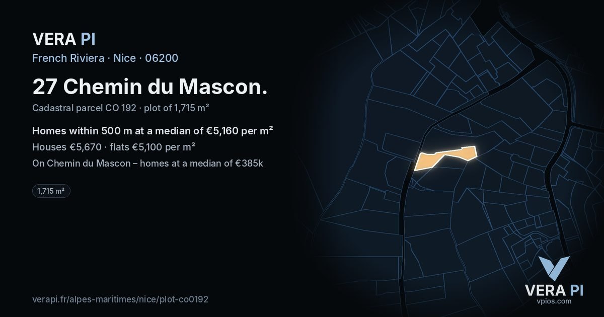 27 Chemin du Mascon, Nice at night – the plot lit, the parcels around coloured by the prices near them