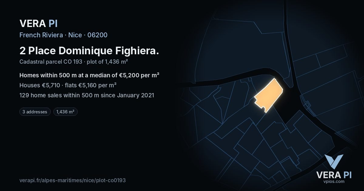 2 Place Dominique Fighiera, Nice at night – the plot lit, the parcels around coloured by the prices near them