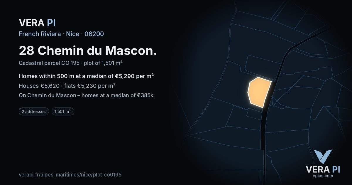 28 Chemin du Mascon, Nice at night – the plot lit, the parcels around coloured by the prices near them