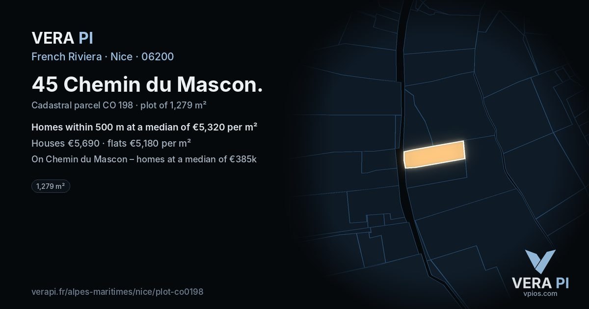 45 Chemin du Mascon, Nice at night – the plot lit, the parcels around coloured by the prices near them