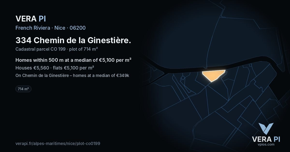 334 Chemin de la Ginestière, Nice at night – the plot lit, the parcels around coloured by the prices near them