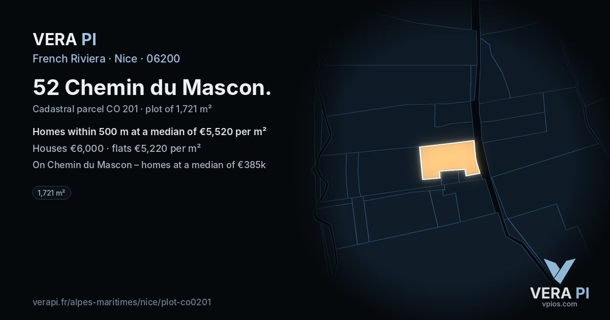 52 Chemin du Mascon, Nice at night – the plot lit, the parcels around coloured by the prices near them