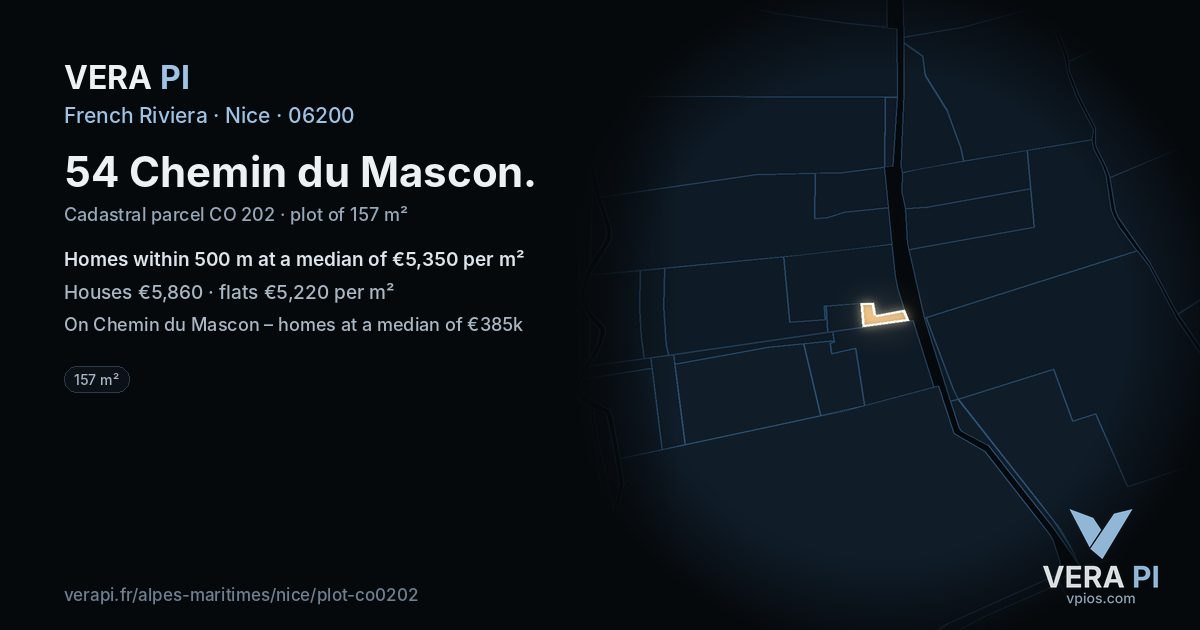 54 Chemin du Mascon, Nice at night – the plot lit, the parcels around coloured by the prices near them