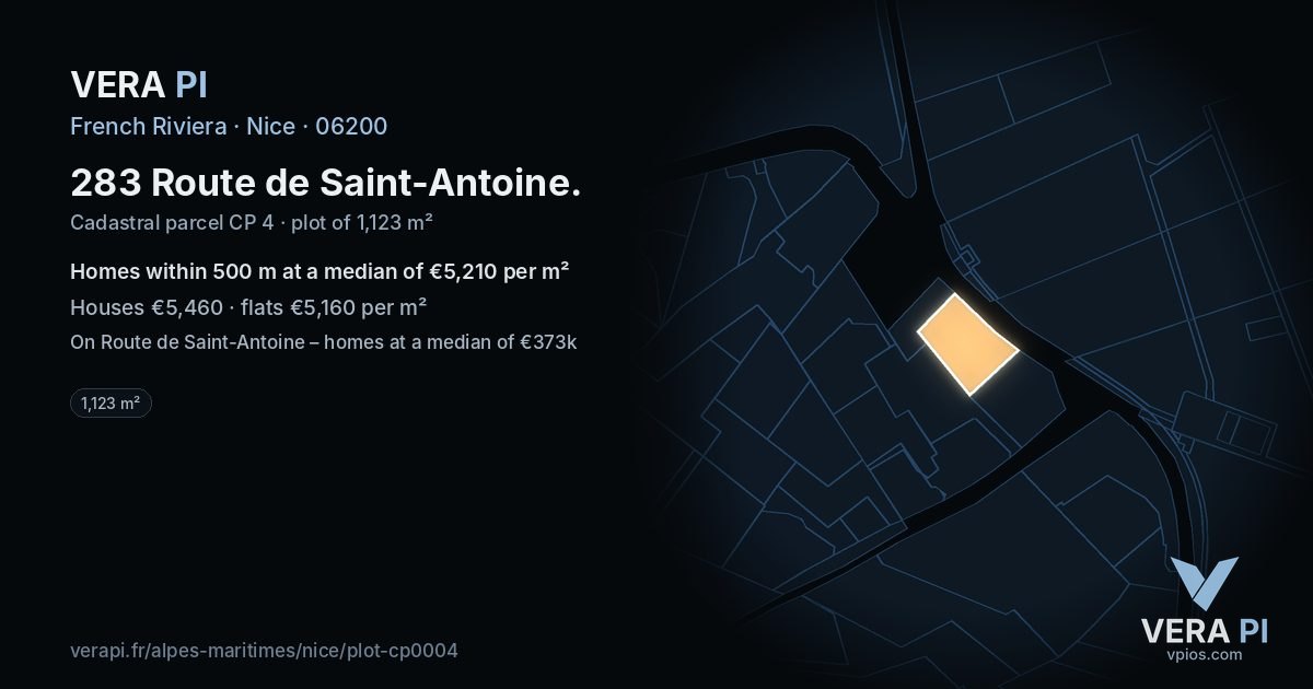 283 Route de Saint-Antoine, Nice at night – the plot lit, the parcels around coloured by the prices near them