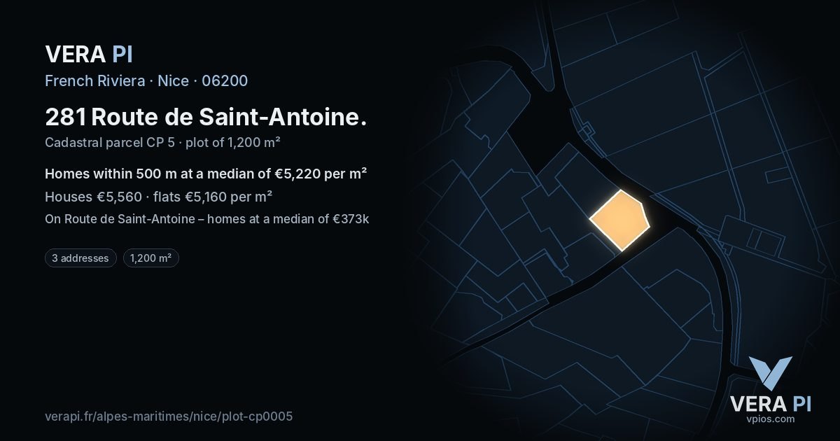 281 Route de Saint-Antoine, Nice at night – the plot lit, the parcels around coloured by the prices near them