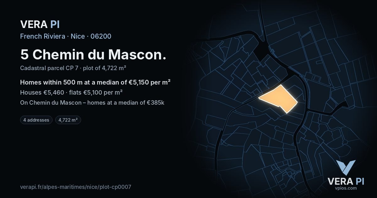 5 Chemin du Mascon, Nice at night – the plot lit, the parcels around coloured by the prices near them