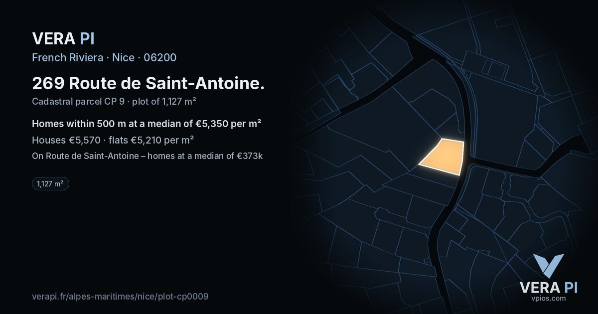 269 Route de Saint-Antoine, Nice at night – the plot lit, the parcels around coloured by the prices near them