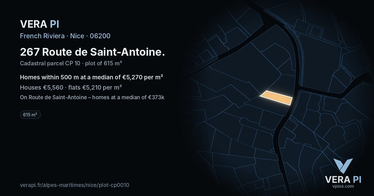267 Route de Saint-Antoine, Nice at night – the plot lit, the parcels around coloured by the prices near them