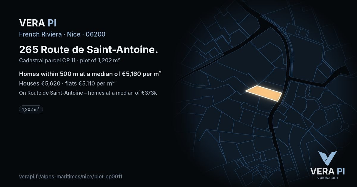 265 Route de Saint-Antoine, Nice at night – the plot lit, the parcels around coloured by the prices near them