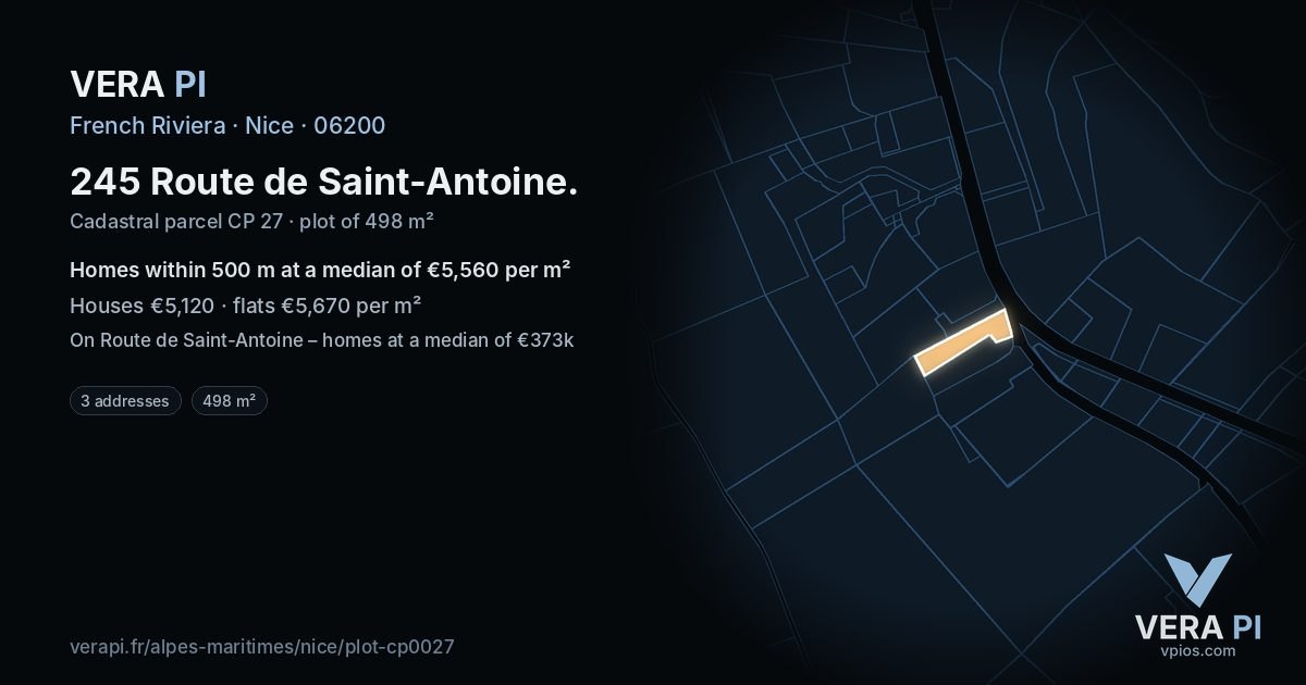 245 Route de Saint-Antoine, Nice at night – the plot lit, the parcels around coloured by the prices near them