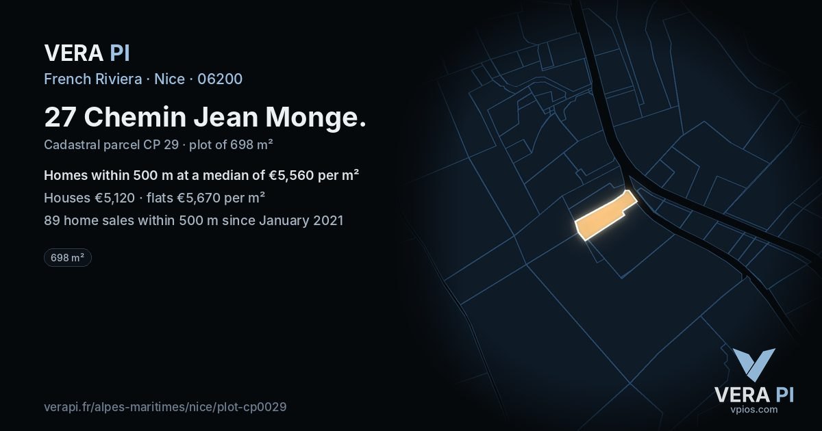 27 Chemin Jean Monge, Nice at night – the plot lit, the parcels around coloured by the prices near them