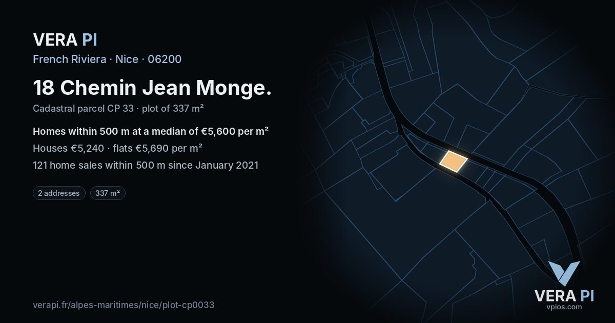 18 Chemin Jean Monge, Nice at night – the plot lit, the parcels around coloured by the prices near them