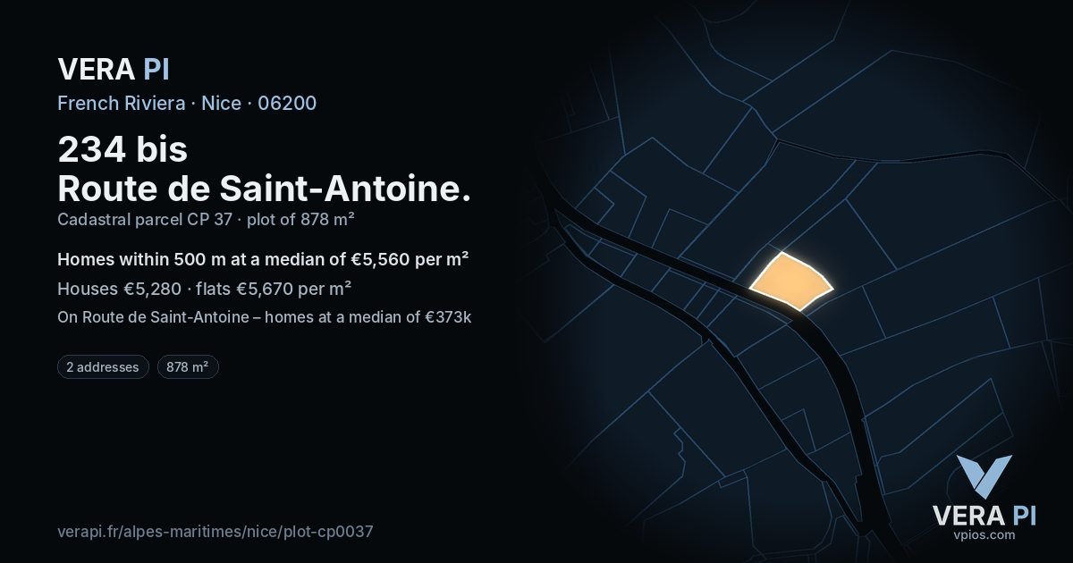 234 bis Route de Saint-Antoine, Nice at night – the plot lit, the parcels around coloured by the prices near them