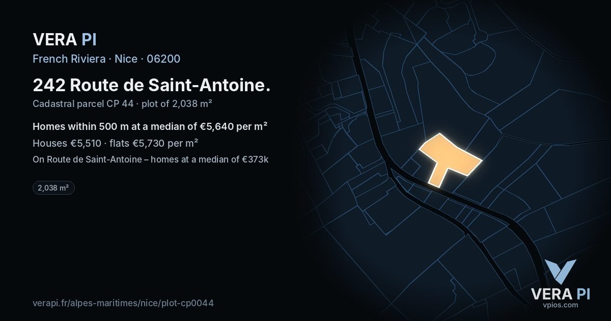 242 Route de Saint-Antoine, Nice at night – the plot lit, the parcels around coloured by the prices near them