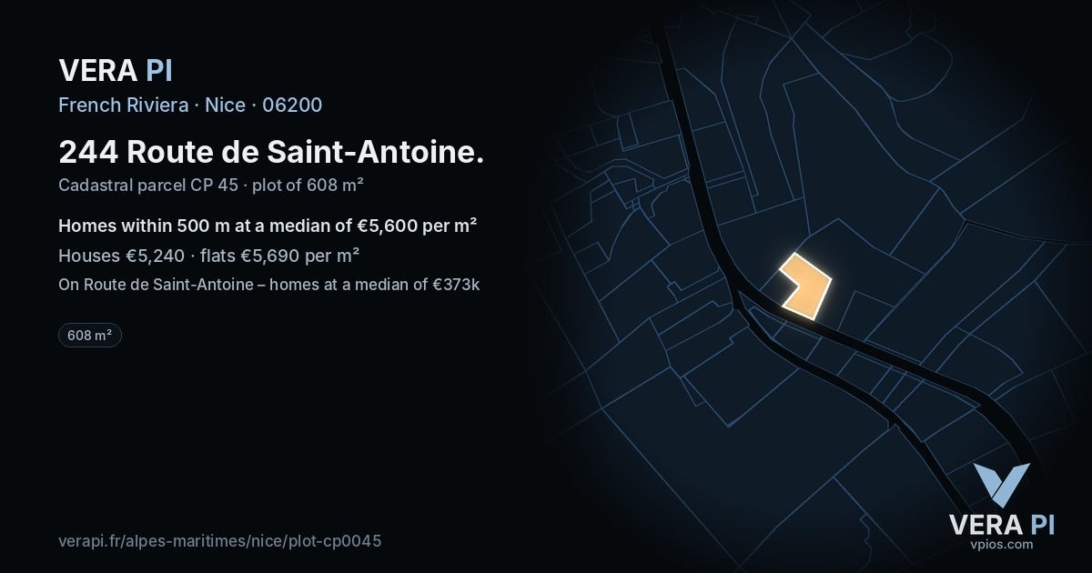 244 Route de Saint-Antoine, Nice at night – the plot lit, the parcels around coloured by the prices near them
