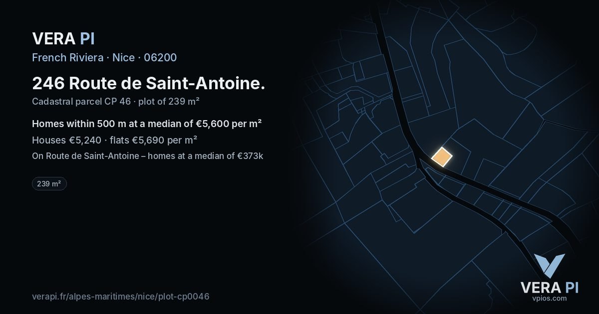 246 Route de Saint-Antoine, Nice at night – the plot lit, the parcels around coloured by the prices near them