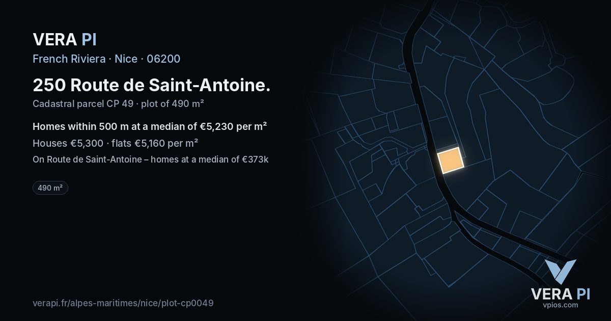 250 Route de Saint-Antoine, Nice at night – the plot lit, the parcels around coloured by the prices near them