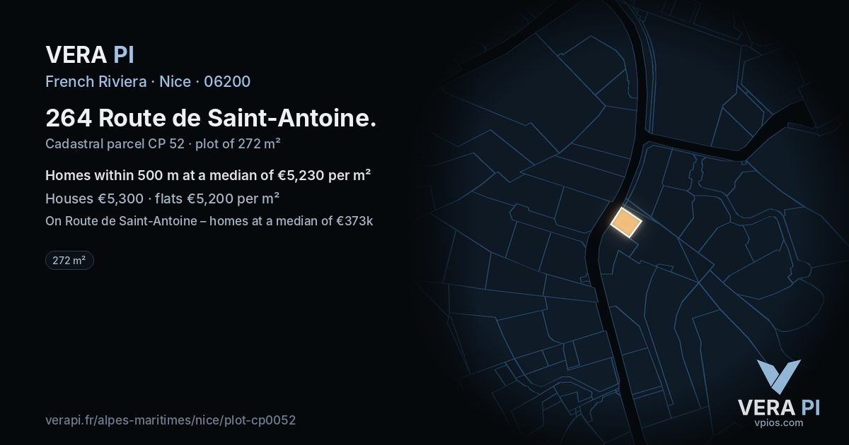 264 Route de Saint-Antoine, Nice at night – the plot lit, the parcels around coloured by the prices near them