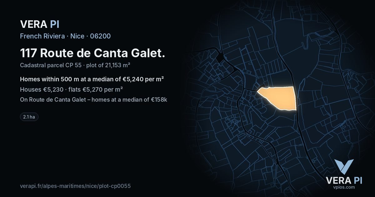 117 Route de Canta Galet, Nice at night – the plot lit, the parcels around coloured by the prices near them