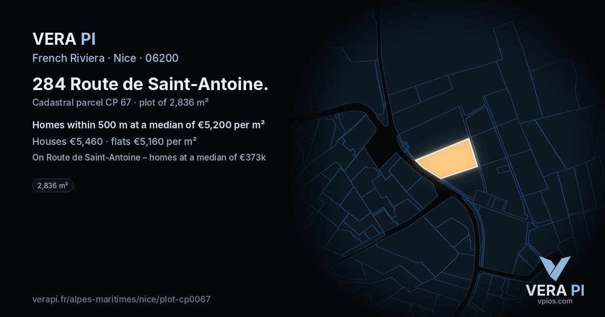 284 Route de Saint-Antoine, Nice at night – the plot lit, the parcels around coloured by the prices near them