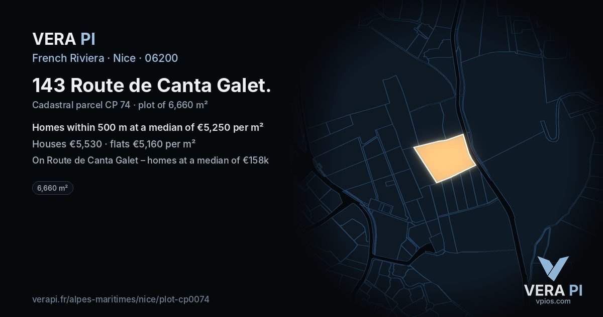 143 Route de Canta Galet, Nice at night – the plot lit, the parcels around coloured by the prices near them