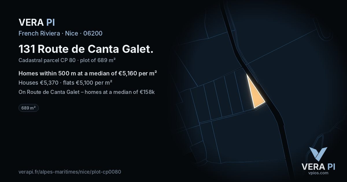 131 Route de Canta Galet, Nice at night – the plot lit, the parcels around coloured by the prices near them