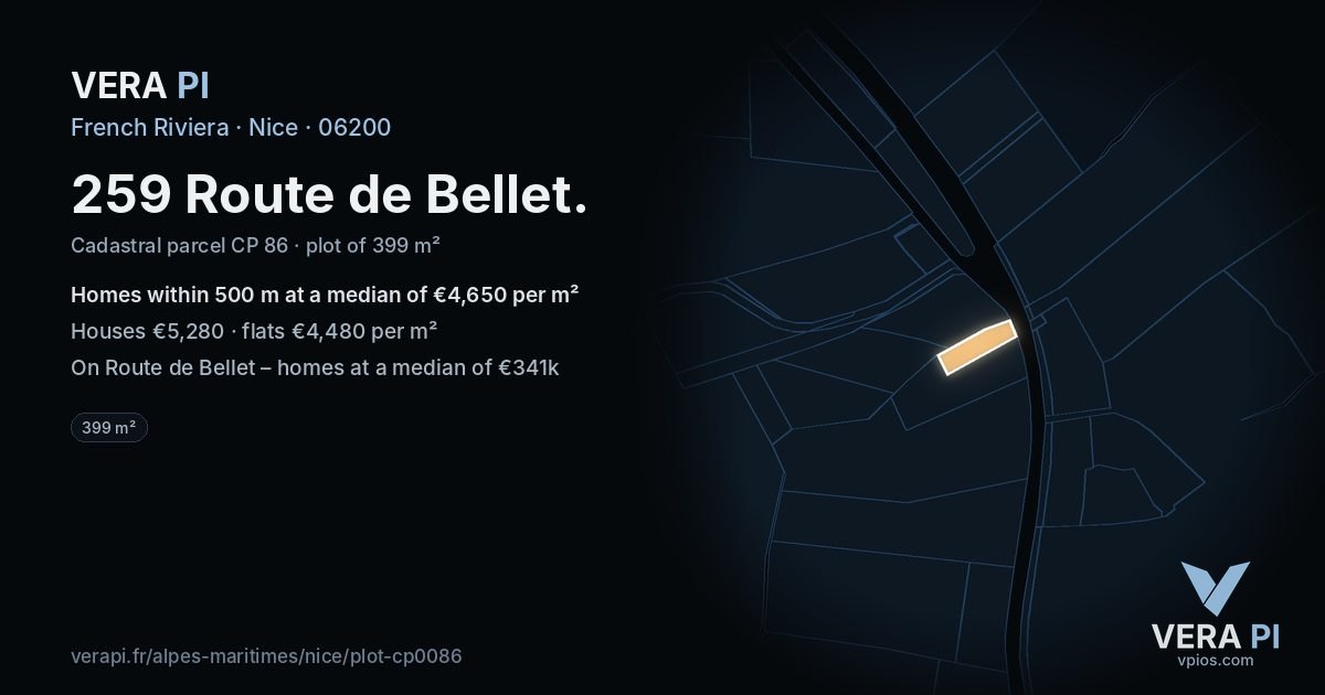 259 Route de Bellet, Nice at night – the plot lit, the parcels around coloured by the prices near them