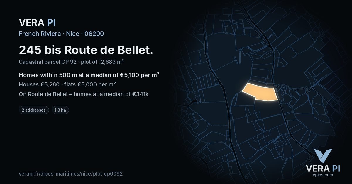 245 bis Route de Bellet, Nice at night – the plot lit, the parcels around coloured by the prices near them