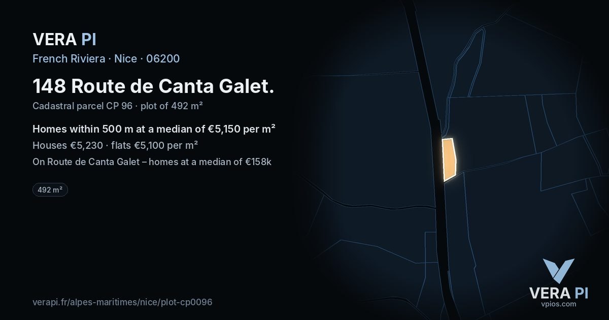 148 Route de Canta Galet, Nice at night – the plot lit, the parcels around coloured by the prices near them
