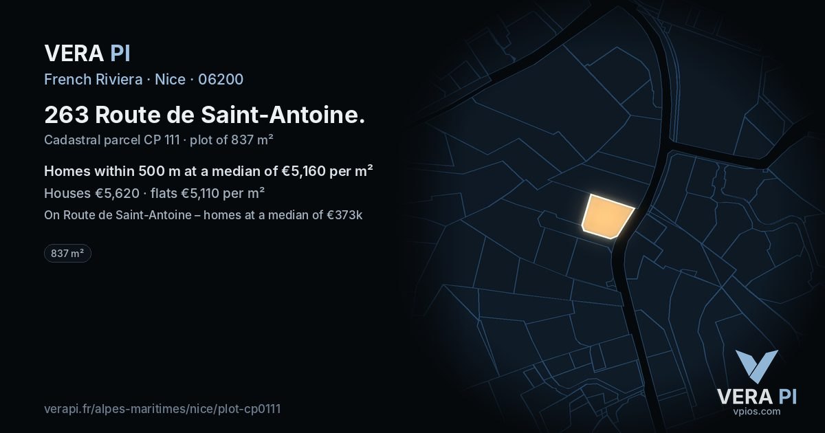 263 Route de Saint-Antoine, Nice at night – the plot lit, the parcels around coloured by the prices near them