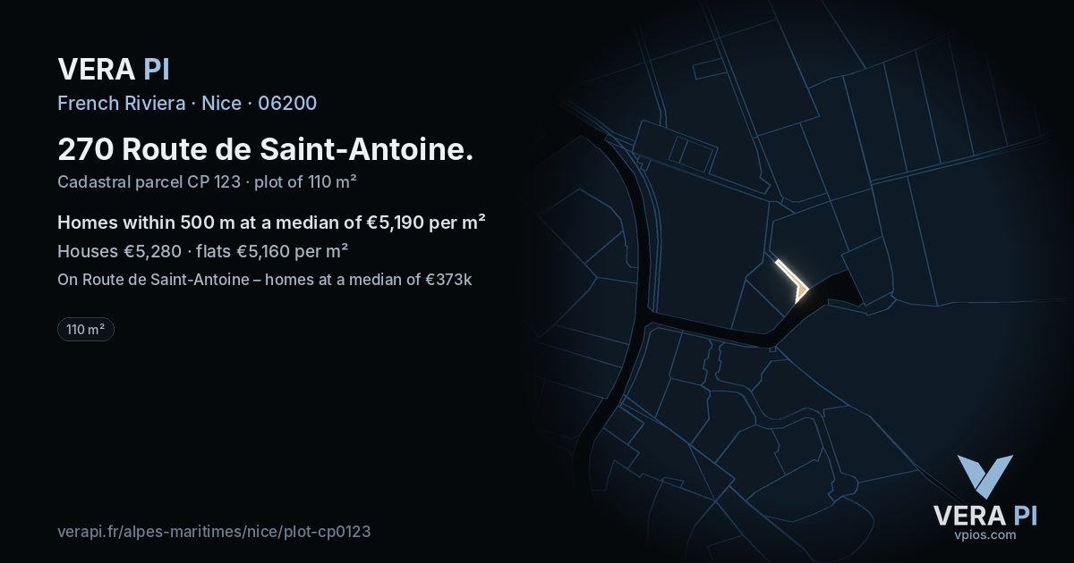 270 Route de Saint-Antoine, Nice at night – the plot lit, the parcels around coloured by the prices near them