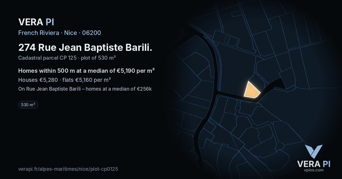 274 Rue Jean Baptiste Barili, Nice at night – the plot lit, the parcels around coloured by the prices near them