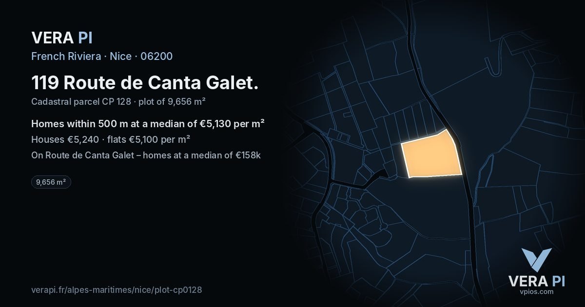 119 Route de Canta Galet, Nice at night – the plot lit, the parcels around coloured by the prices near them