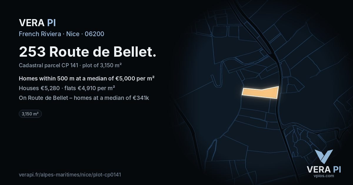 253 Route de Bellet, Nice at night – the plot lit, the parcels around coloured by the prices near them