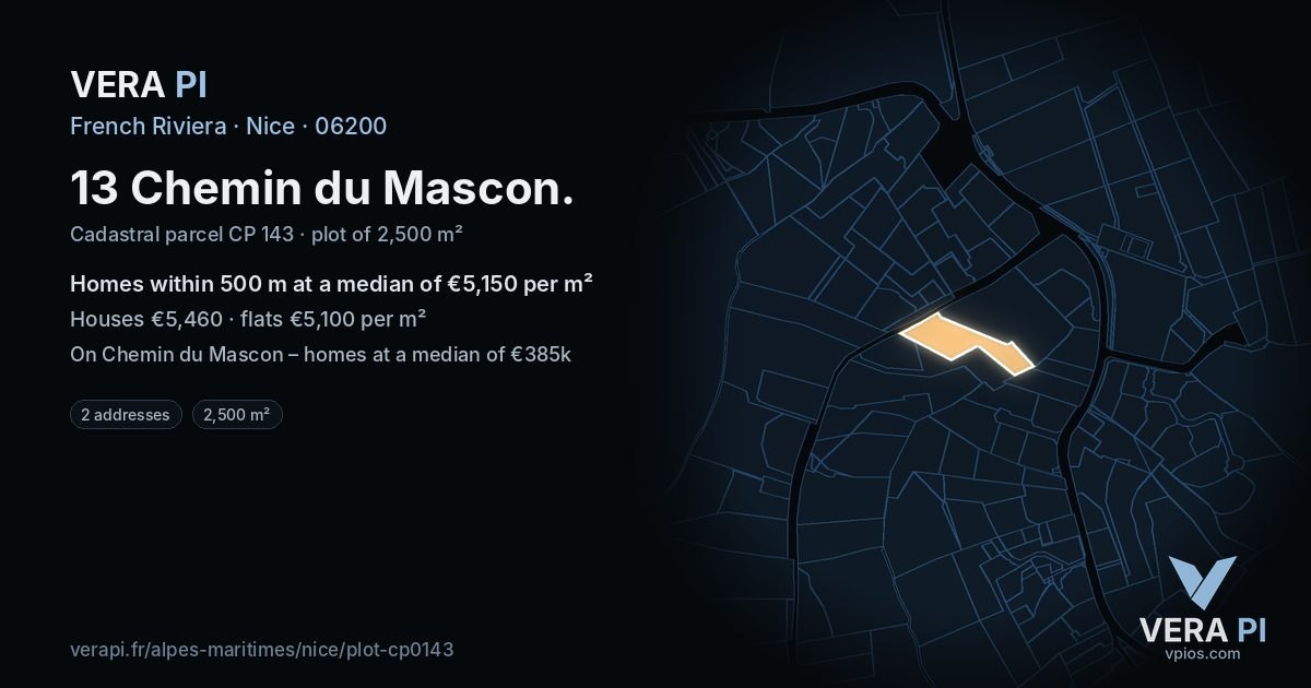 13 Chemin du Mascon, Nice at night – the plot lit, the parcels around coloured by the prices near them