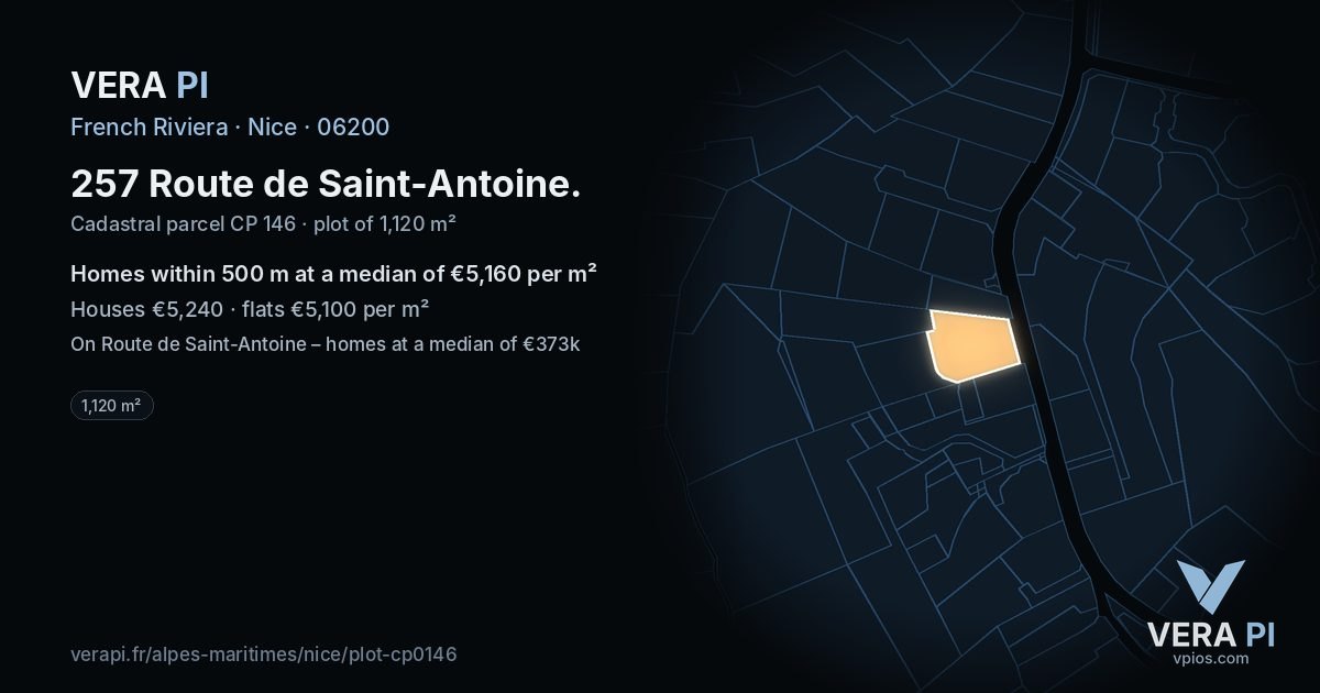 257 Route de Saint-Antoine, Nice at night – the plot lit, the parcels around coloured by the prices near them