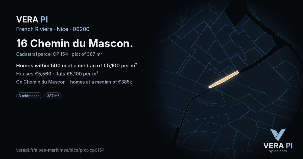16 Chemin du Mascon, Nice at night – the plot lit, the parcels around coloured by the prices near them