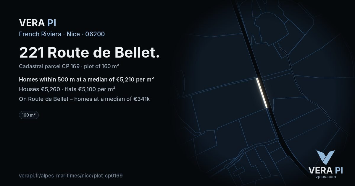 221 Route de Bellet, Nice at night – the plot lit, the parcels around coloured by the prices near them