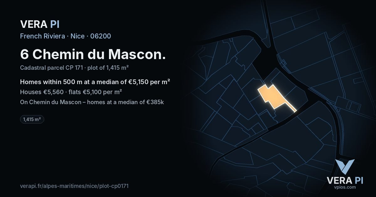 6 Chemin du Mascon, Nice at night – the plot lit, the parcels around coloured by the prices near them