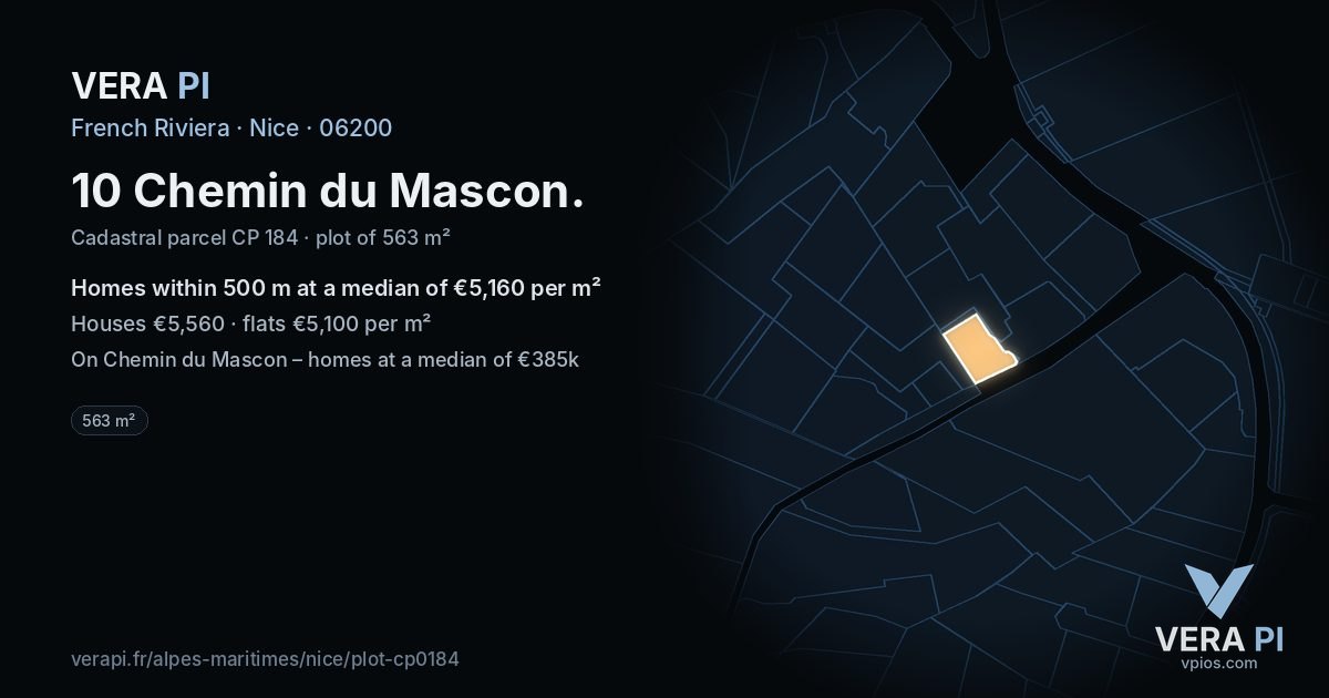10 Chemin du Mascon, Nice at night – the plot lit, the parcels around coloured by the prices near them