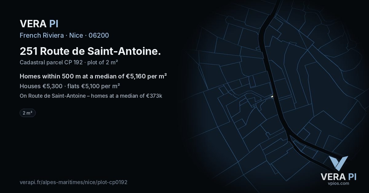 251 Route de Saint-Antoine, Nice at night – the plot lit, the parcels around coloured by the prices near them