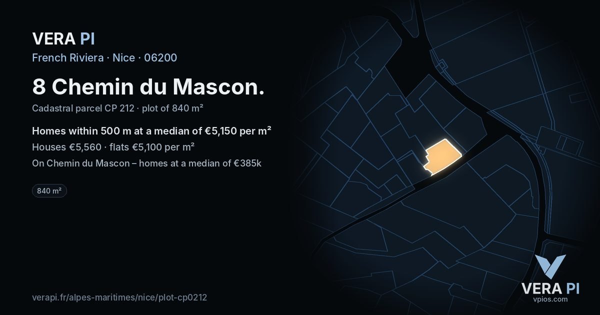 8 Chemin du Mascon, Nice at night – the plot lit, the parcels around coloured by the prices near them