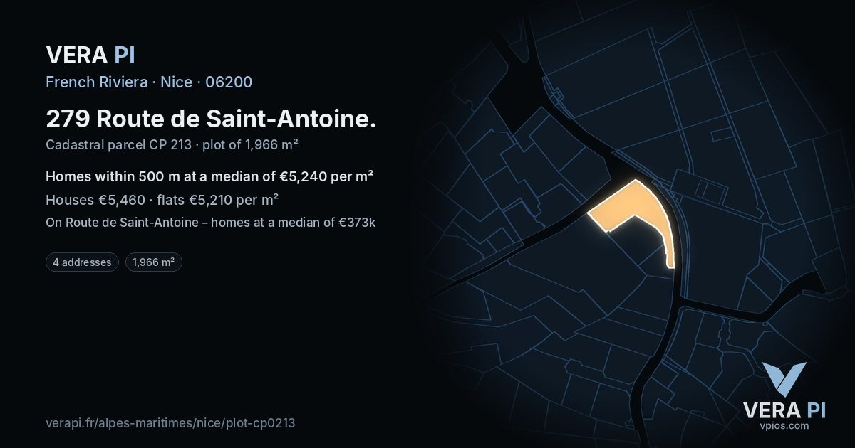279 Route de Saint-Antoine, Nice at night – the plot lit, the parcels around coloured by the prices near them