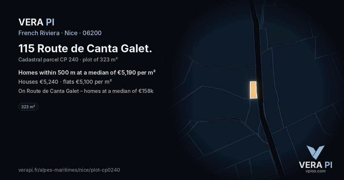 115 Route de Canta Galet, Nice at night – the plot lit, the parcels around coloured by the prices near them